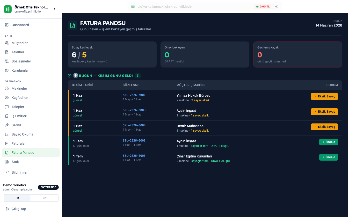 Printlio fatura panosu ekranı