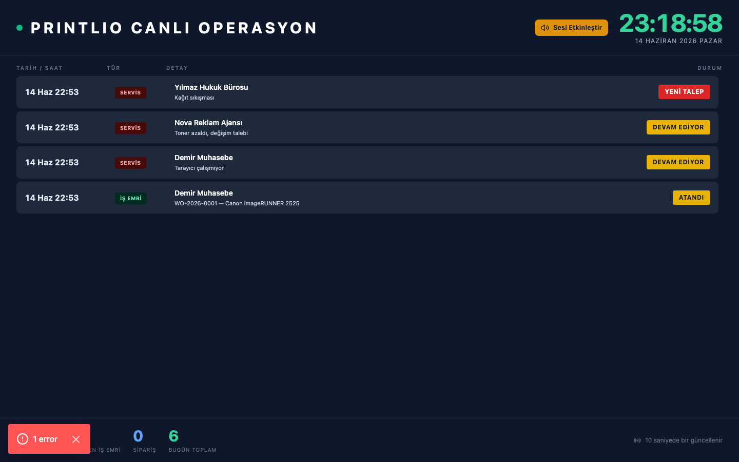 Printlio canlı operasyon panosu